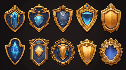 Game gold award badges with decorative frames.Vector cartoon icons set of glossy emblems with fantasy borders and blue elements. Achievement label for win in game