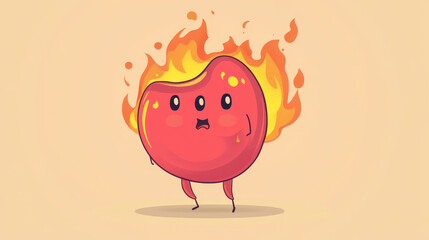 Fototapeta premium Cartoon stomach character burning in fire. Acid reflux, heartburn and gastritis concept with indigestion system abdomen pain problems. Cute unhealthy mascot suffer of stomachache, Vector illustration