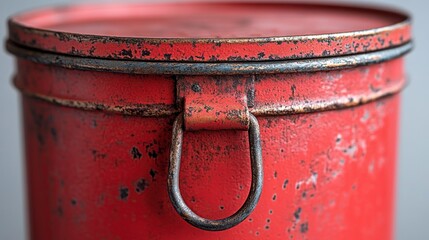 Rustic red metal canister, close-up detail, textured surface, grey background, storage