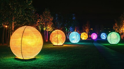 An outdoor light exhibition showcasing creative and colorful LED installations glowing against a dark sky.