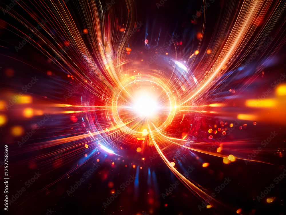 Aufkleber a bright light source radiates outwards with dynamic orange and red lines against a dark backdrop wi