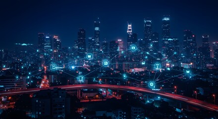 Fototapeta premium City Network Technology Over Cityscape at Night with Glowing Communication Icons