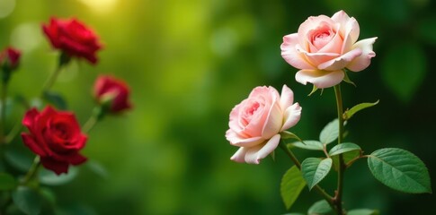 Fototapeta premium Red & white roses, lush greenery, blurred backdrop , festive, valentines
