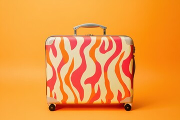 Suitcase with wavy orange and pink pattern stands against background