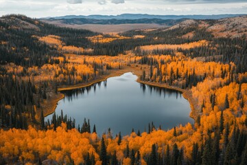 Obraz premium Autumn foliage reflecting in tranquil lake surrounded by lush greenery in a serene setting
