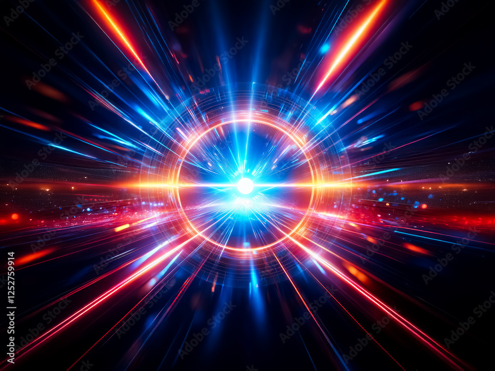 Poster a vibrant, circular light portal with blue and orange energy bursts radiates from its center, creati