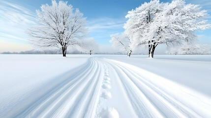 Obraz premium Snowy path between winter trees, calm landscape
