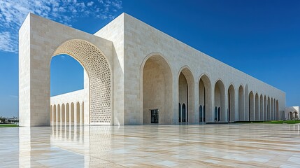 Modern Islamic architecture building, sunny day, reflecting pool, desert landscape, architectural design - obrazy, fototapety, plakaty