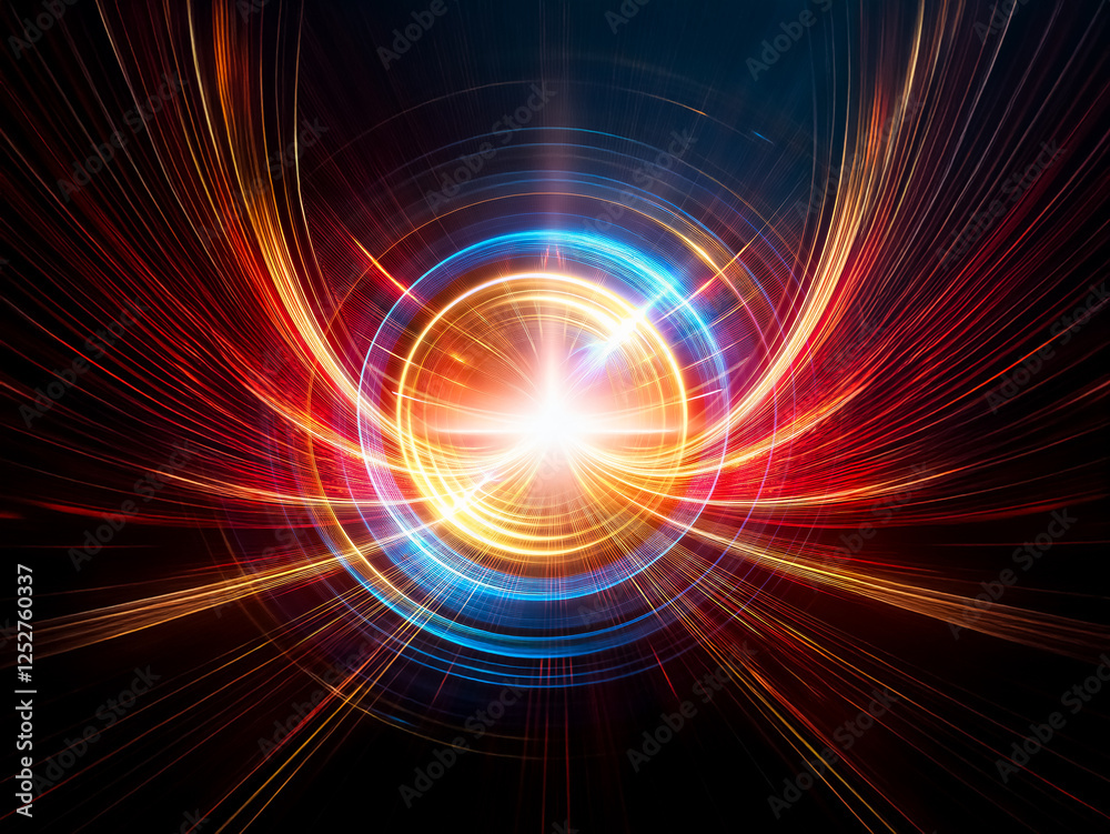 Poster glowing concentric circles of blue and gold light radiate outwards on a dark background, creating a 
