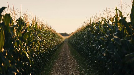 Cornfield pathway at sunset;  rural landscape; golden hour
