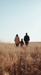 Family enjoying a sunny day in a grassy field surrounded by trees at sunset