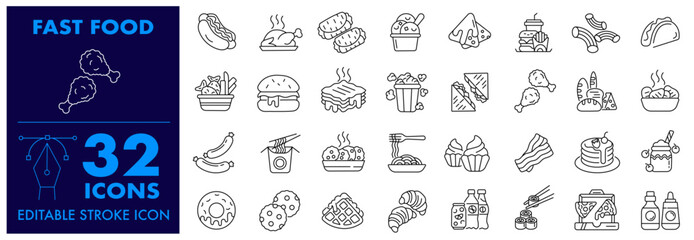 Fast Food Icon set burger, Popcorn, Donut, pizza, hot dog, French fries, sandwich, Noodles, soda, sausage, burrito, taco and Fried chicken and more Editable Stroke Icons set.