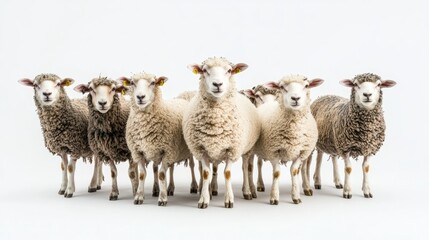 Fototapeta premium Sheep Lineup: Eight sheep, a mix of light and dark wool, stand shoulder-to-shoulder, gazing directly at the camera in a captivating portrait.