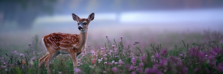 Fototapeta premium A banner depicting a young fawn standing in the middle of a field of bright wildflowers. The hazy background creates a dreamy atmosphere with a soft blur of colors and a distant, misty field.
