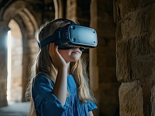 Girl in blue dress uses virtual reality headset in old