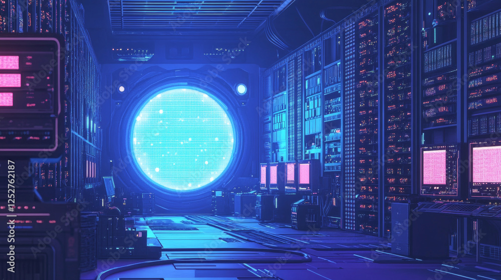 Canvas Prints modern data center with computer servers. vector cartoon illustration of dark room with information 