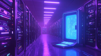 Fototapeta premium Modern data center with computer servers. Vector cartoon illustration of dark room with information technology equipment for cloud storage, cyber security control, crypto mining, blue light portal