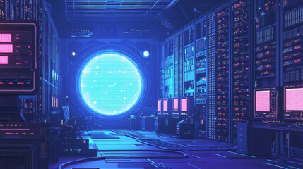 Fototapeta premium Modern data center with computer servers. Vector cartoon illustration of dark room with information technology equipment for cloud storage, cyber security control, crypto mining, blue light portal