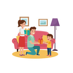Happy Family Giving Gifts on Living Room Sofa