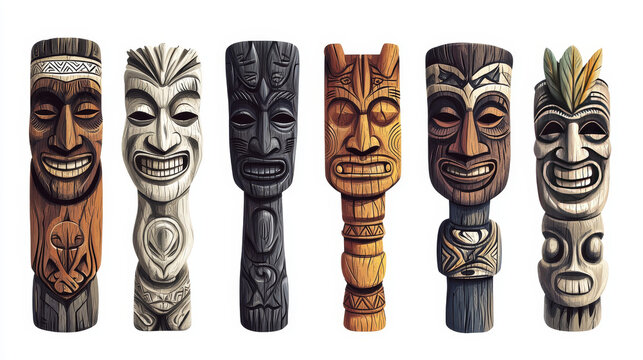 Tiki masks, wooden hawaiian tribal totem with god face. Vector cartoon set of polynesian traditional statues, ancient wood tikki masks isolated on purple background