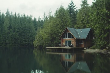 Fototapeta premium Cozy log cabin by the serene lake surrounded by lush evergreens during a calm afternoon