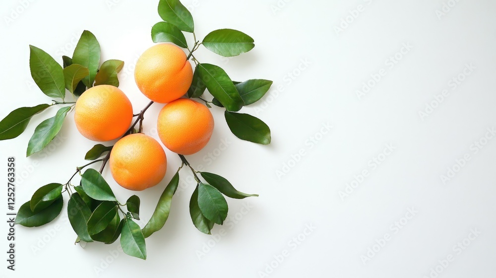 Canvas Prints Vibrant orange peach with green leaves arranged beautifully on a clean white background