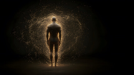 Obraz premium human silhouette surrounded by glowing particles in dark space