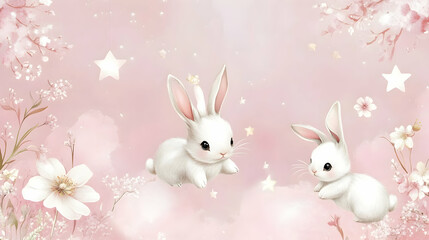 Obraz premium Two adorable white bunnies sitting in a pink dreamy landscape with sparkles and stars.