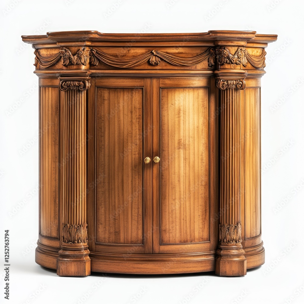 Sticker Vintage-style wooden cabinet with curved panels and detailed columns, presented on white