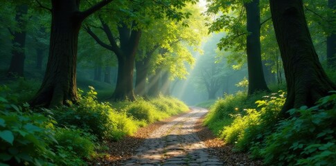 Obraz premium Ancient cobblestone path in forest under canopy of trees, , forest scene