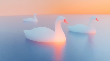 Graceful swans gliding effortlessly across a serene mirrored lake at golden hour creating a captivating and atmospheric scene of natural beauty and tranquility