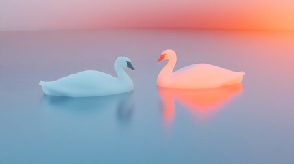 Fototapeta premium Elegant swans gliding effortlessly across a serene and tranquil lake reflecting the mesmerizing colors of an enchanting sunset scene