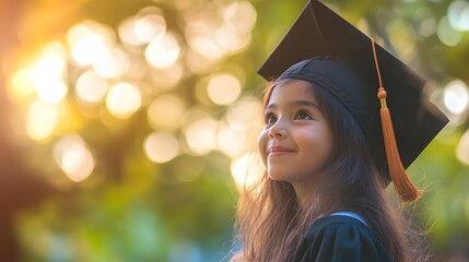 Child wearing a graduation cap with a joyful smile.