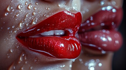 A close-up of glossy red lips covered in water droplets, highlighting sensuality and beauty with high detail.