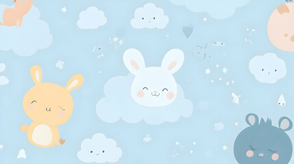 A charming illustration of a fluffy white bunny nestled among soft clouds in a pastel blue sky.