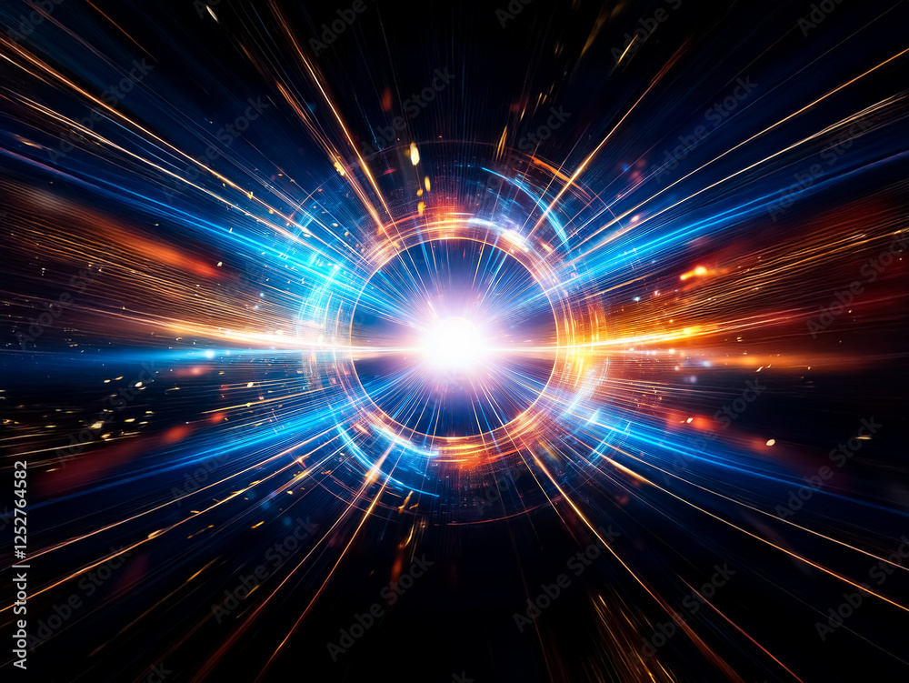 Poster A vibrant, glowing ring of light and energy pulses in a dark space.  Intense light streams outward, creating a sense of motion and power.