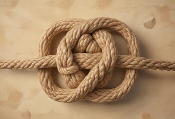 Obraz premium Hemp rope square knot on a warm beige textured background, knotted decoration , cordage
