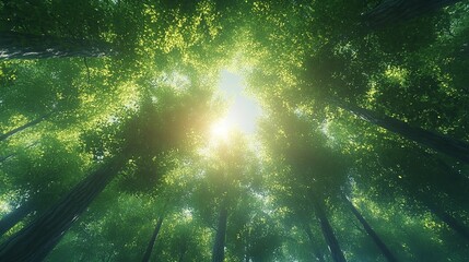 Obraz premium Looking up at the green tops of trees.