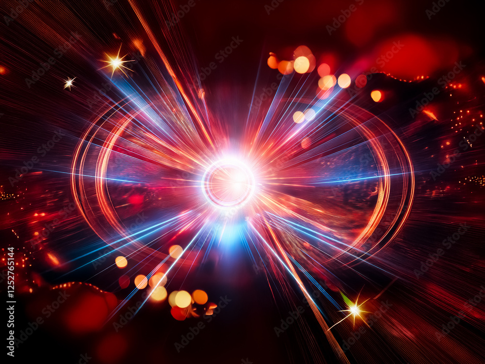 Poster bright light bursts outward with dynamic beams and bokeh effects in red, orange, and blue, creating 