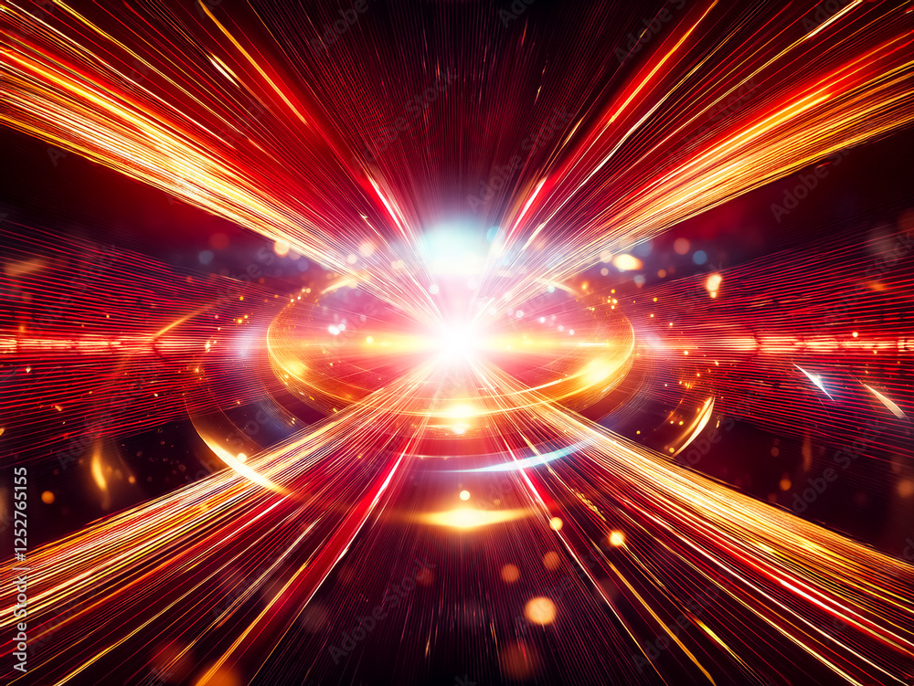 Fototapete glowing golden and blue rings radiate light, surrounded by sparkling particles on a dark background.
