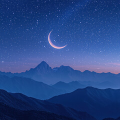 Obraz premium Crescent moon over misty mountain range at night