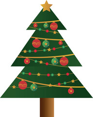 Flat Christmas Tree Illustration with Festive Decorations and Golden Star, Christmas Tree Clipart Decorated with Ornaments