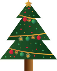 Flat Christmas Tree Illustration with Festive Decorations and Golden Star, Christmas Tree Clipart Decorated with Ornaments