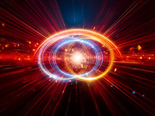 Obraz premium Intertwined luminous rings of blue and gold glow against a dark background, creating a sense of connection and energy. The vibrant light trails suggest movement and dynamism.