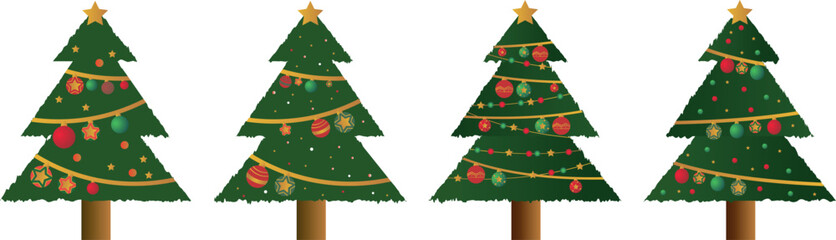 Set of Flat Christmas Tree Illustrations with Festive Ornaments and Golden Stars, Christmas Tree Clipart Decorated with Ornaments