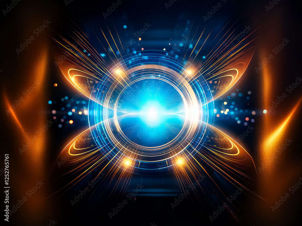 Poster glowing concentric circles of blue and gold radiate light against a dark background. the central lig