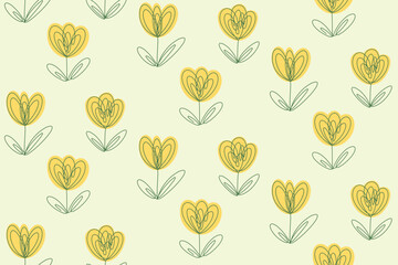 Cute trendy spring floral seamless pattern background with hand drawn stylized yellow tulips flower shapes and line art. Contemporary modern background design