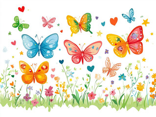 A vibrant and cheerful illustration of butterflies in a garden, perfect for a kindergarten friend book.