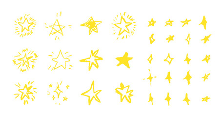 Set of gold chalk drawing stars. Shine or sparkle doodle collection. Children style yellow wax pencil handdrawing elements of night sky. Crayon scratch grunge texture star shapes. Vector illustration