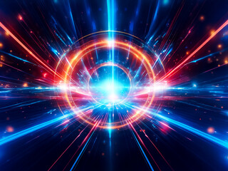 Obraz premium Intricate glowing rings and beams of light converge at a bright center, creating a dynamic and symmetrical abstract artwork. The dark background enhances the vibrant energy.